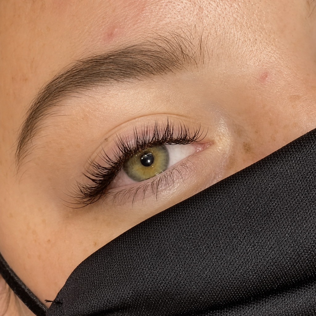 Vivid green eye framed by a natural classic lash set from Mimmo Beauty.