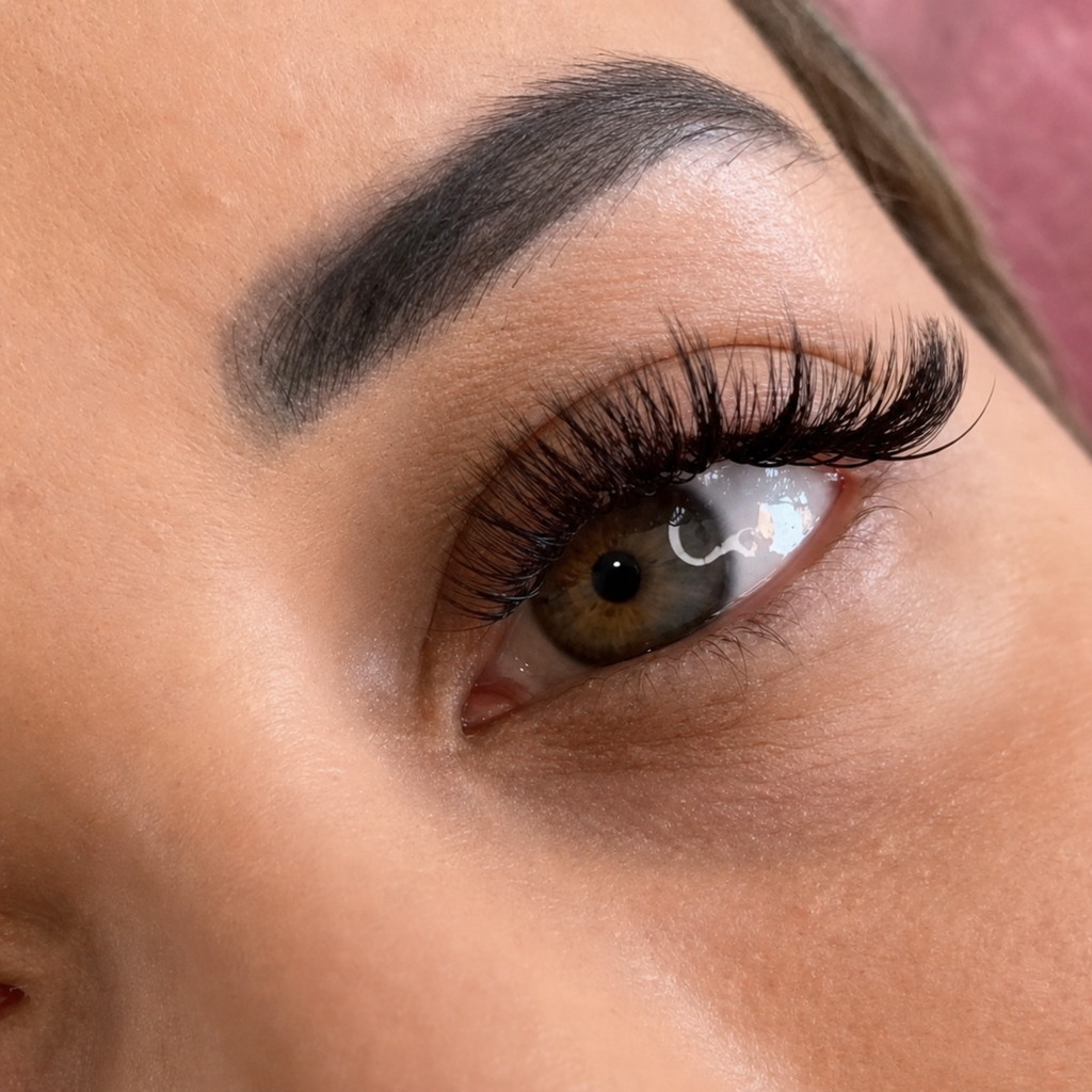 Hazel-eyed client wearing a textured hybrid lash set by Mimmo Beauty.